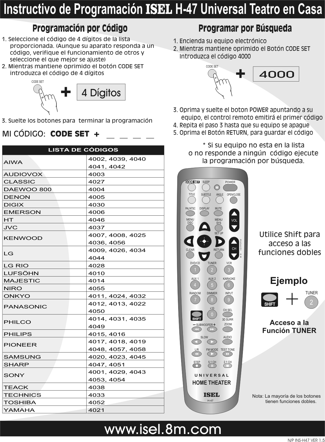 Carta de programación Códigos remotos 8