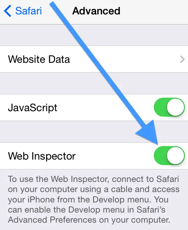 Cómo activar el inspector web para depurar el iPhone de Safari 8