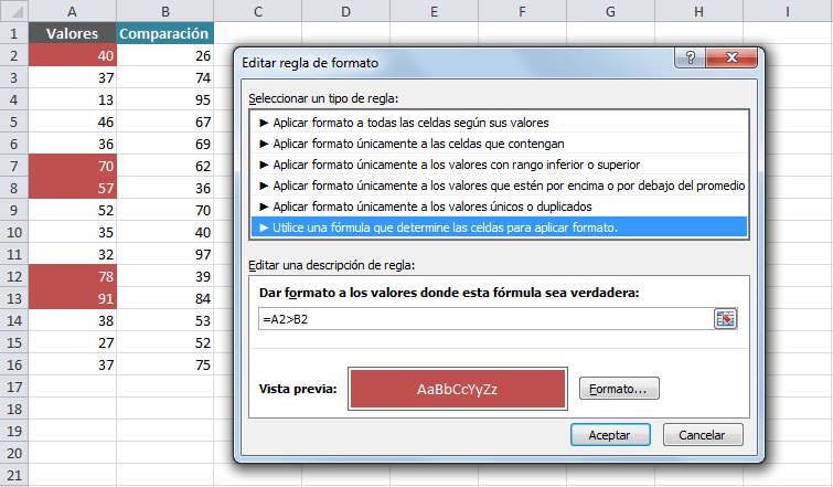 Cómo cambiar el color de la celda basado en el valor de otra celda Excel 14