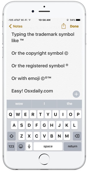 Cómo escribir símbolos de marcas y derechos de autor iPhone 20