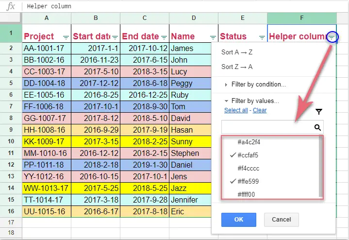 Cómo filtrar por color en Google Sheets 28