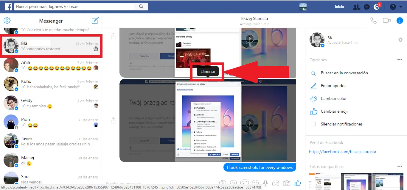 Cómo eliminar las fotos compartidas Facebook Messenger 2